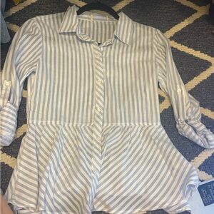 Blue and White Striped Button-Up Blouse